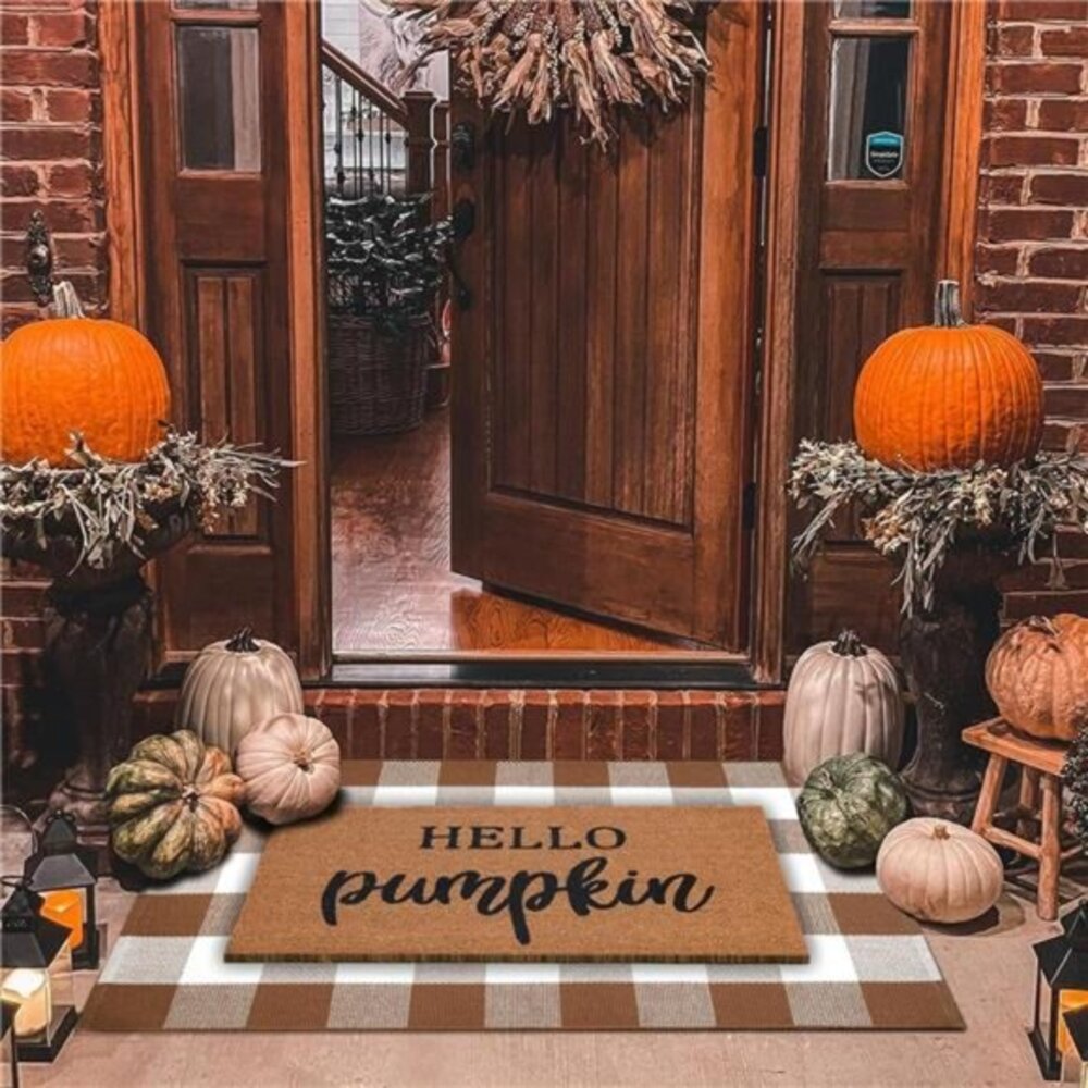 Fall Welcome Mat Set: Coco Coir Mat & 28x43 Coffee/White Plaid Rug -Autumn Decor